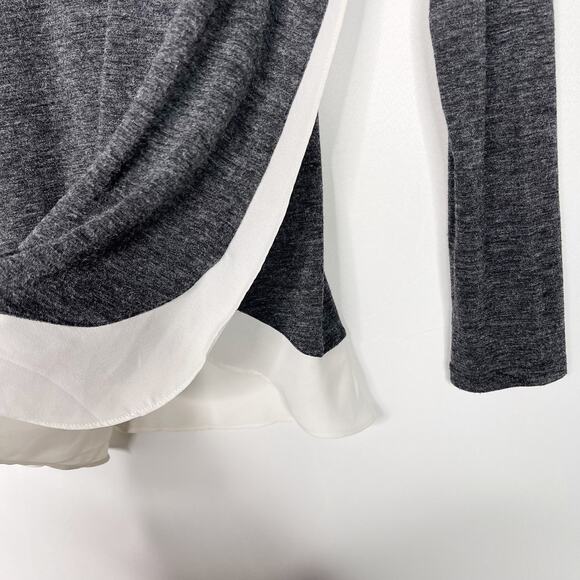 LOFT Medium Mixed Media Long Sleeve Top Heather Gray Cream Crew Neck Side Split - Picture 4 of 8